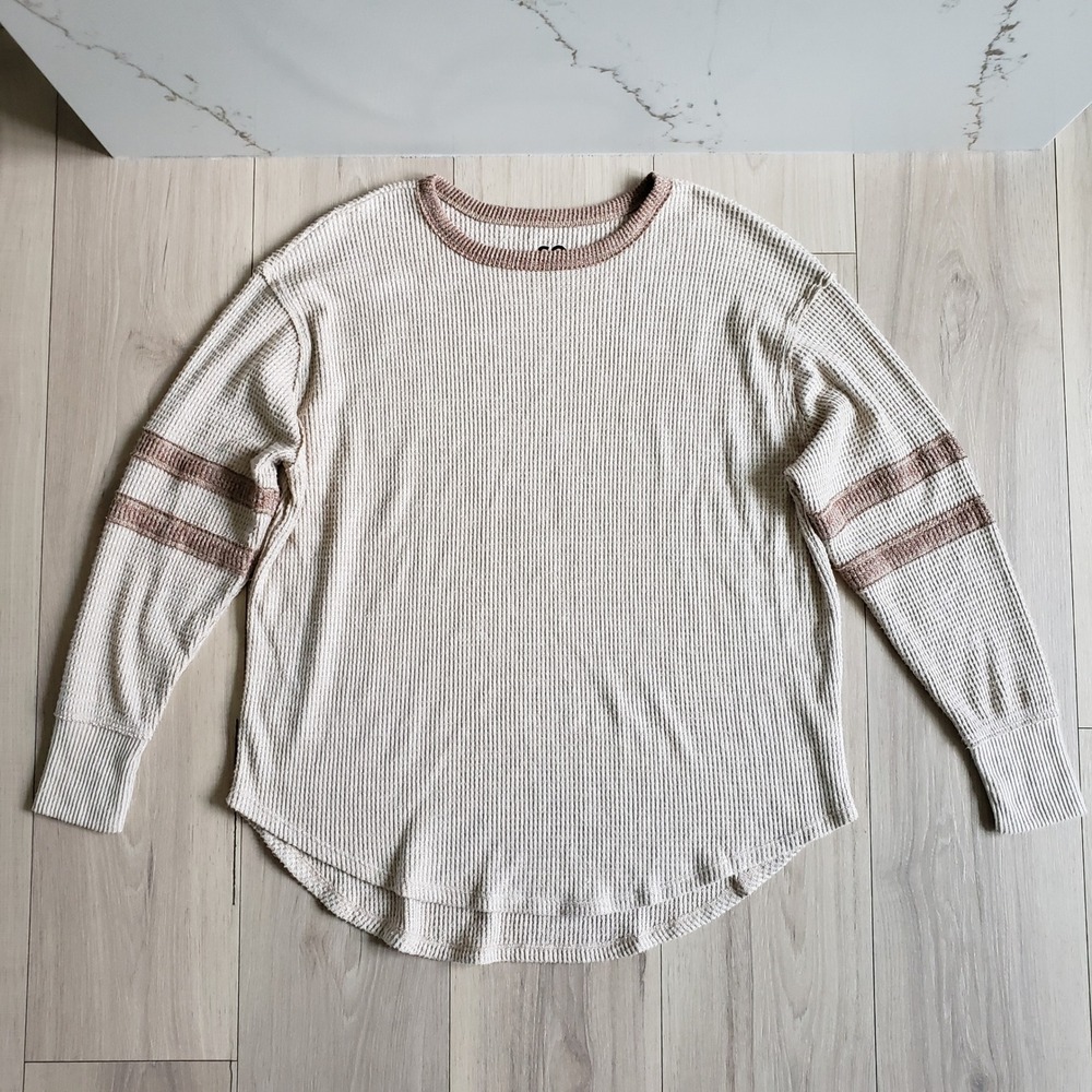 SO Shirt Womens L Beige Waffle Knit Varsity Stripe Thermal Neutral Layer Tee Top